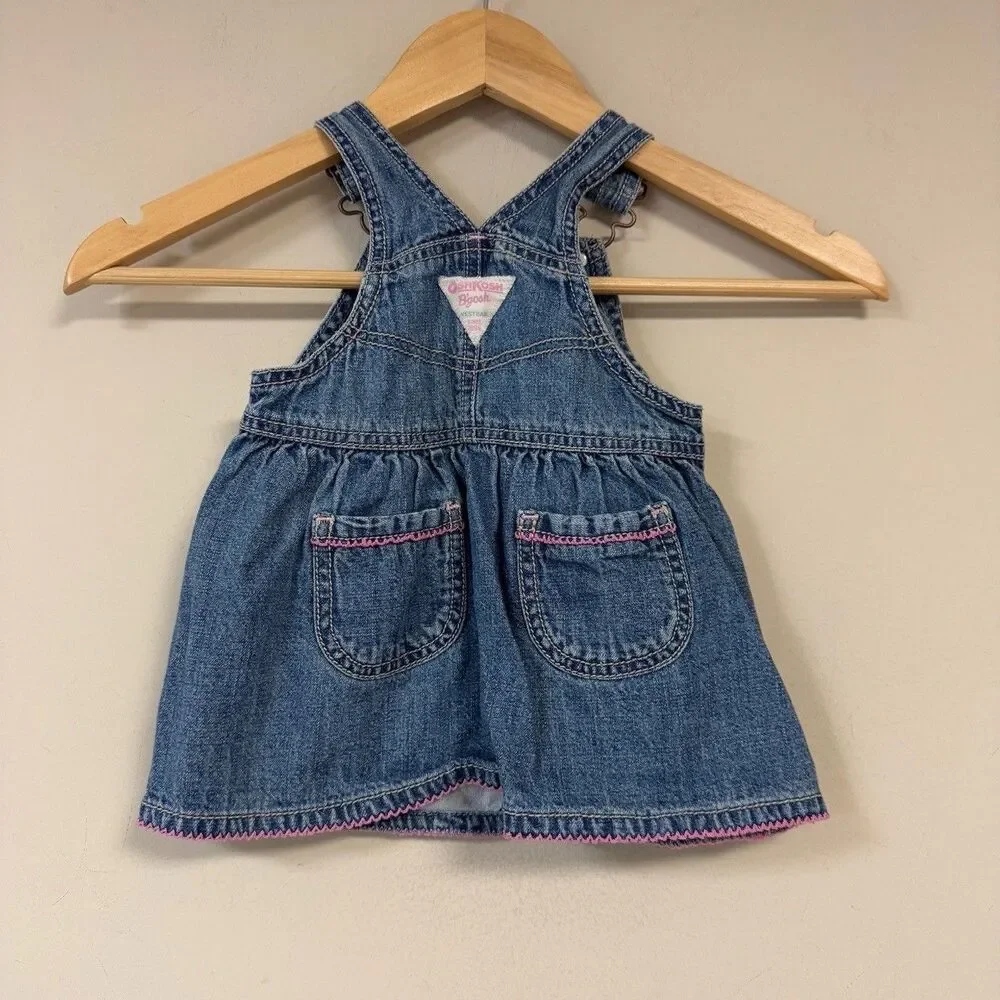 Osh Kosh Denim Jean Overall Dress Girls 12 Months Blue Floral Embroidery Summer